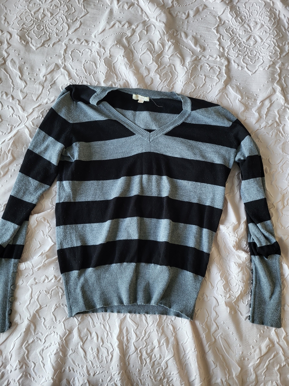 Striped V-Neck Women's Sweater in Black and Gray